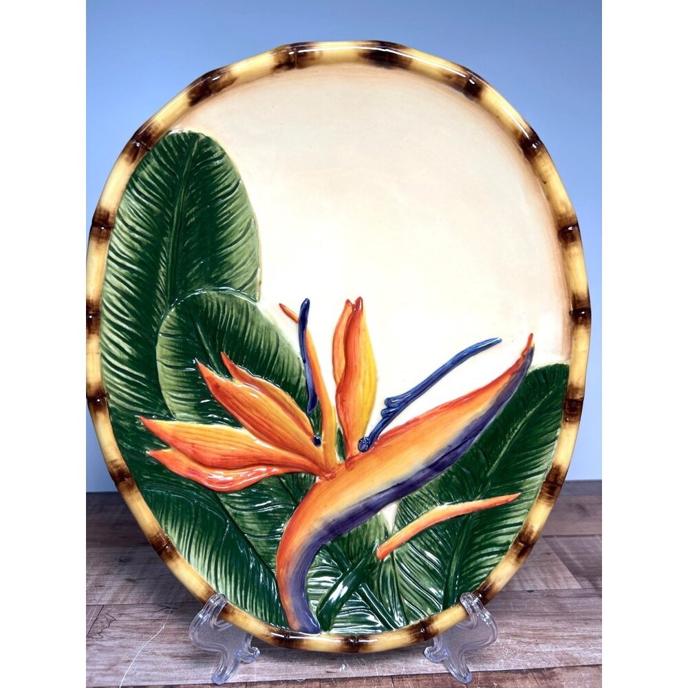 Handpainted Pacific Rim Ceramic Serving Platter With Bird Of Paradise Oval